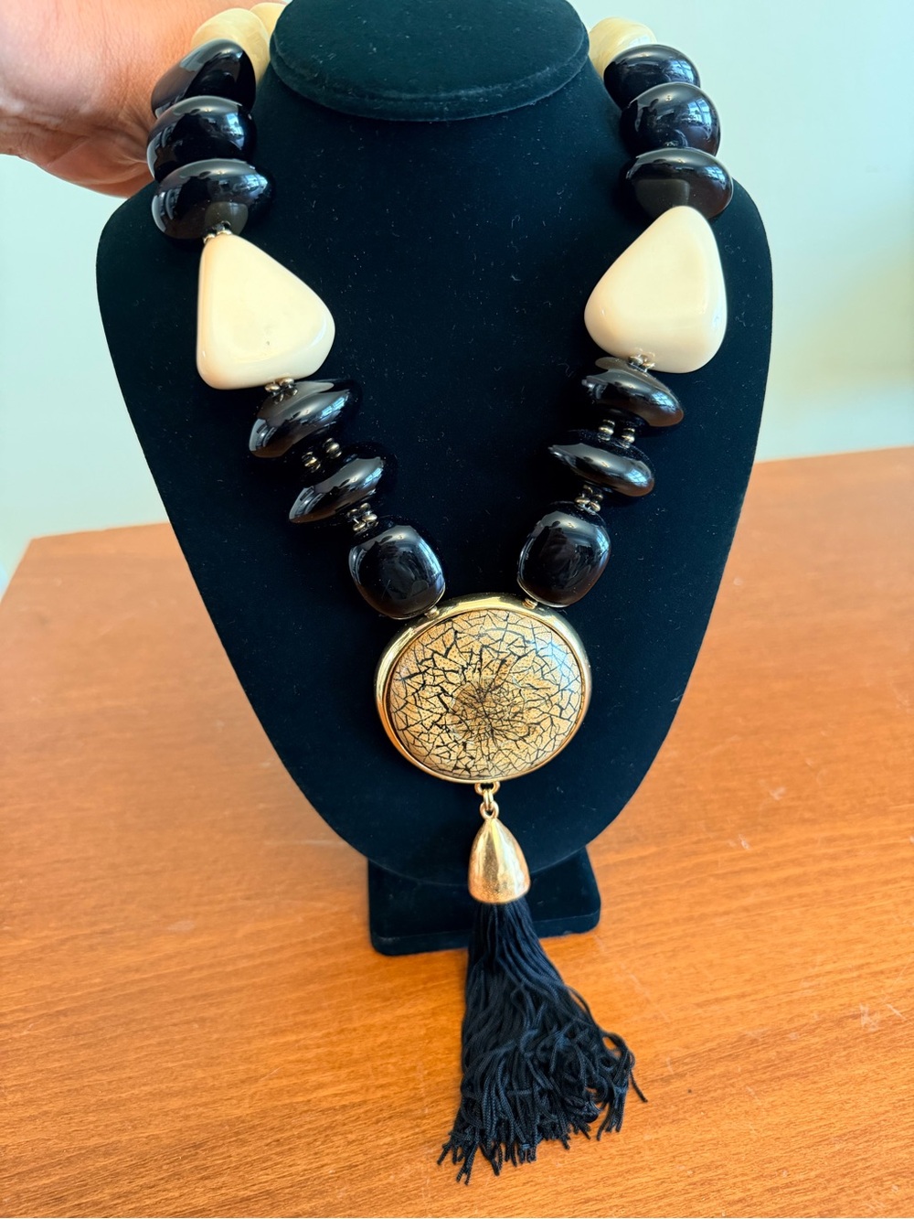 Chico's Black and Cream Bead Necklace with Gold Crackle Pendant and Black Tassel